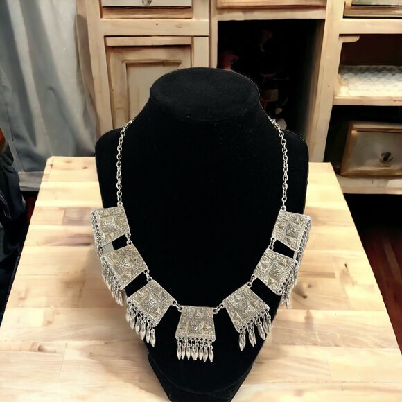 Vintage 900 Stamped Sterling Silver Mexico Aztec Fringe Link Choker Necklace - Picture 1 of 16